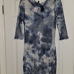 Cleo Navy and White Long-Sleeve Mesh Tie-Dye Dress